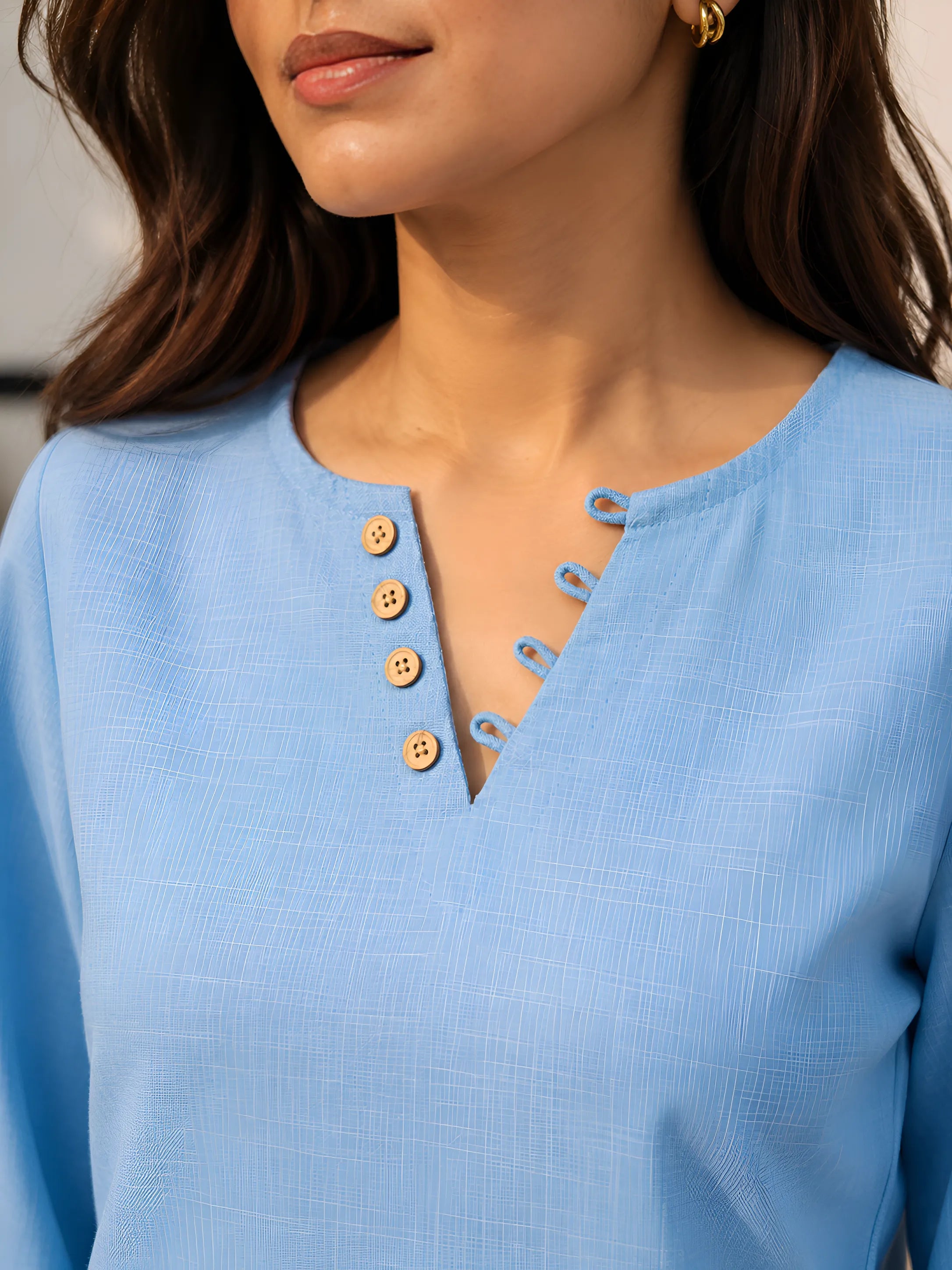 Blue Short Kurti with Wooden Button Detailing in Poly Cotton