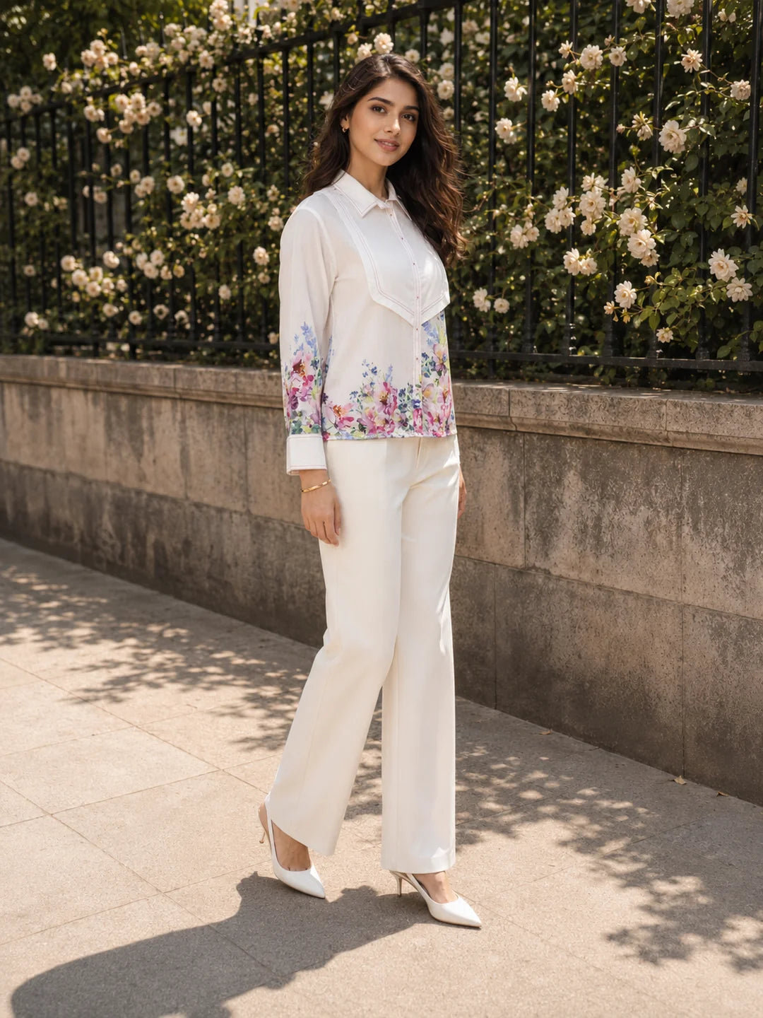 White Cotton Cambric Full-Sleeve Shirt with Patch Print