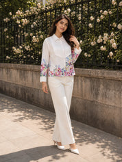 White Cotton Cambric Full-Sleeve Shirt with Patch Print