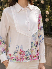 White Cotton Cambric Full-Sleeve Shirt with Patch Print