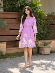 Purple Russian Silk Floral Print Mini Dress With Belt