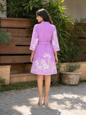 Purple Russian Silk Floral Print Mini Dress With Belt