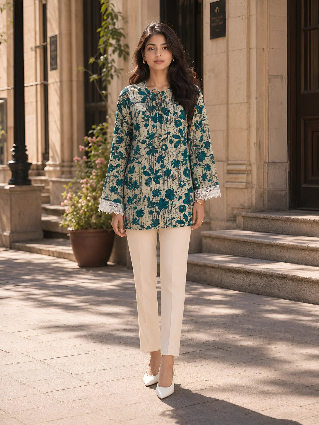 Sage Green Floral Printed Short Kurti in Cotton