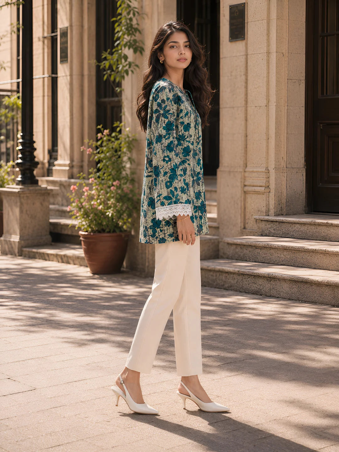 Sage Green Floral Printed Short Kurti in Cotton