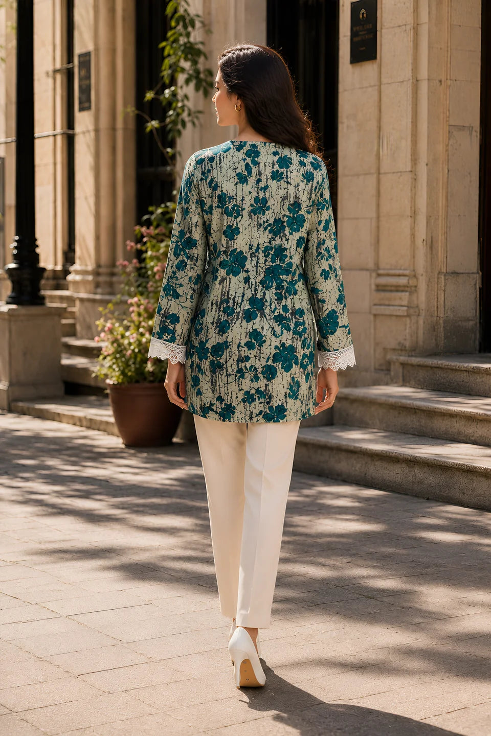Sage Green Floral Printed Short Kurti in Cotton
