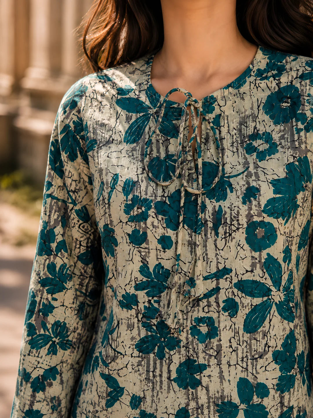 Sage Green Floral Printed Short Kurti in Cotton