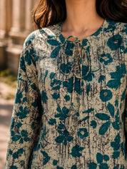 Sage Green Floral Printed Short Kurti in Cotton