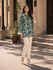 Sage Green Floral Printed Short Kurti in Cotton