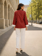 Brick Red Lotus Buti Printed Short Kurti in Cotton