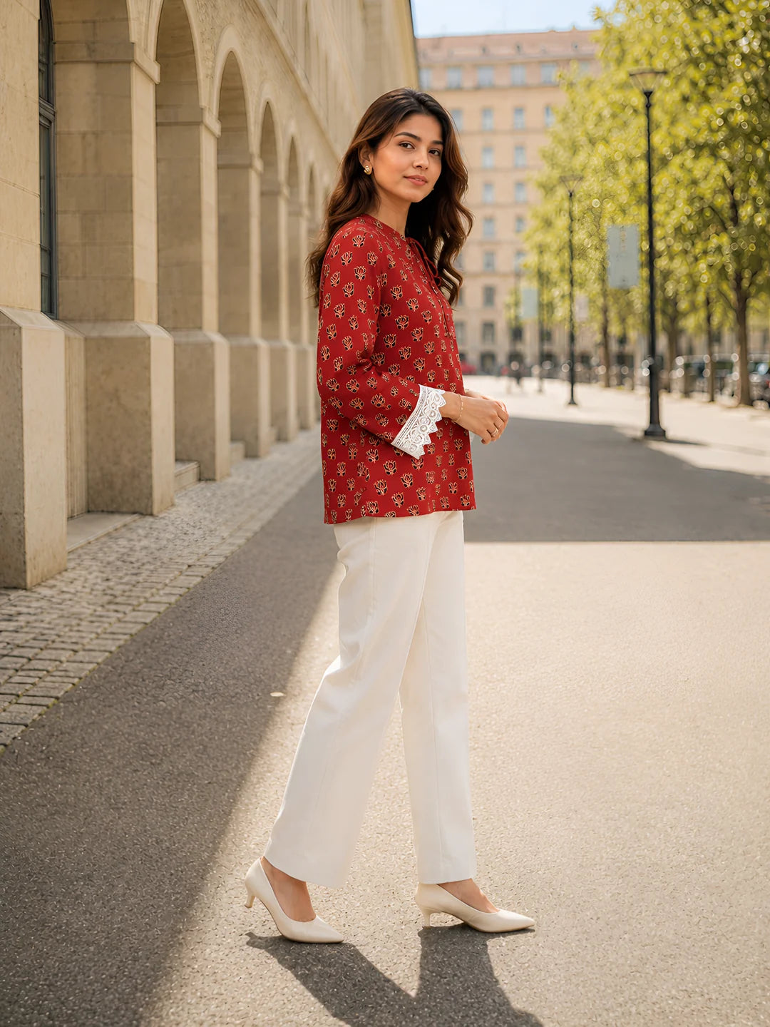 Brick Red Lotus Buti Printed Short Kurti in Cotton