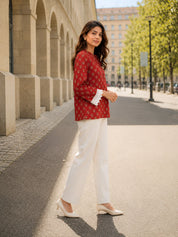 Brick Red Lotus Buti Printed Short Kurti in Cotton