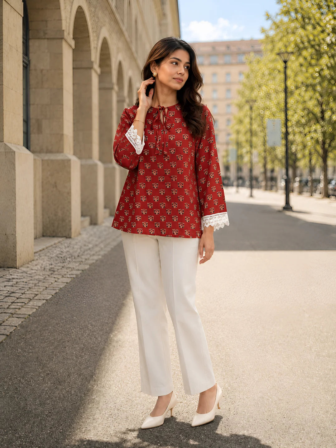 Brick Red Lotus Buti Printed Short Kurti in Cotton