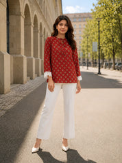 Brick Red Lotus Buti Printed Short Kurti in Cotton