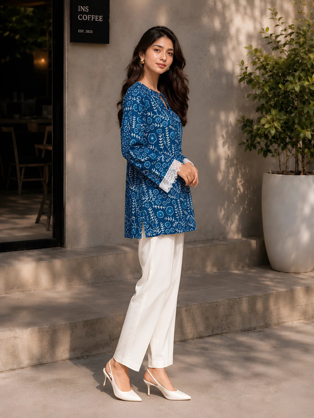 Indigo Dabu Printed Short Kurti in Cotton