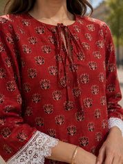Brick Red Lotus Buti Printed Short Kurti in Cotton