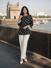 Black Geometric Floral Printed Short Kurti in Cotton