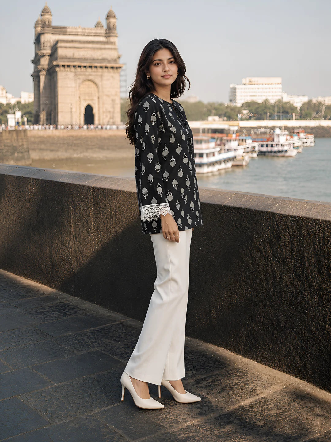 Black Geometric Floral Printed Short Kurti in Cotton