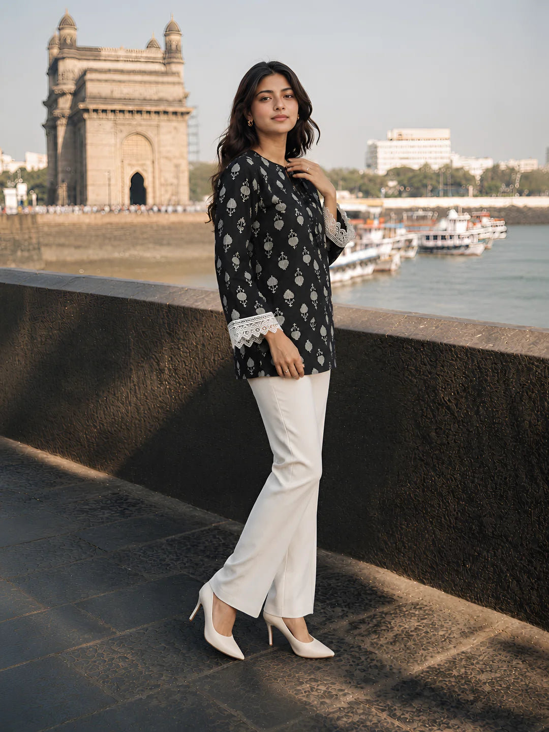 Black Geometric Floral Printed Short Kurti in Cotton