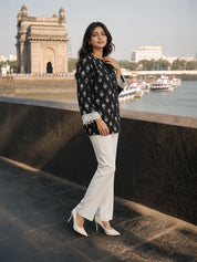 Black Geometric Floral Printed Short Kurti in Cotton