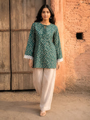 Forest Green Printed Short Kurti in Cotton