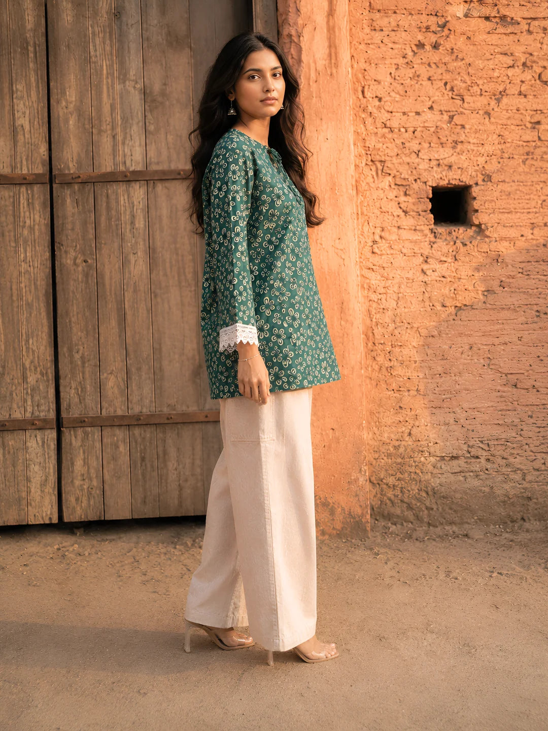 Forest Green Printed Short Kurti in Cotton