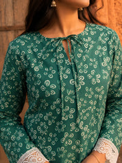 Forest Green Printed Short Kurti in Cotton