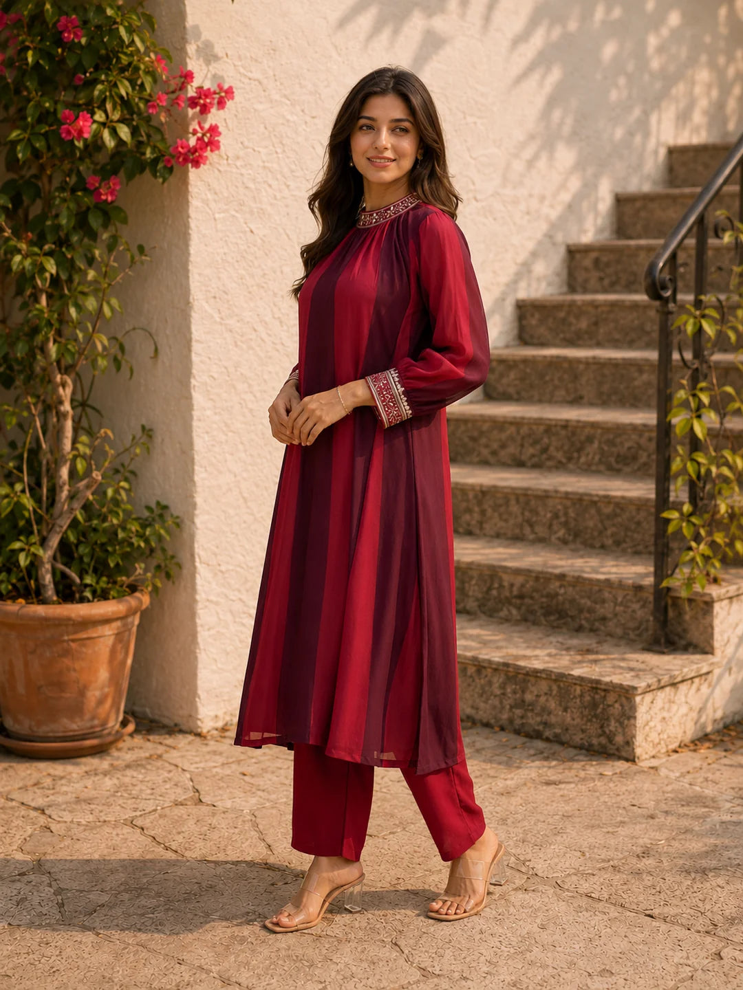 Red Sequence Work Muslin Kurta With Pant Set