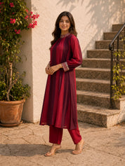 Red Sequence Work Muslin Kurta With Pant Set