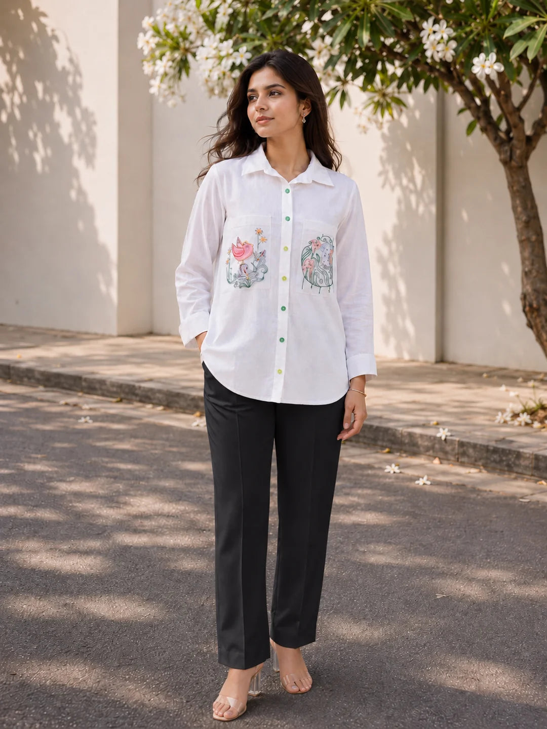 White Cotton Flex Shirt with Embroidered