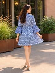 Denim Blue & White Lace Detail Shawl Collar Short Dress