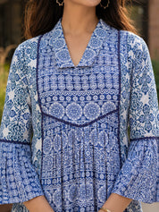 Denim Blue & White Lace Detail Shawl Collar Short Dress