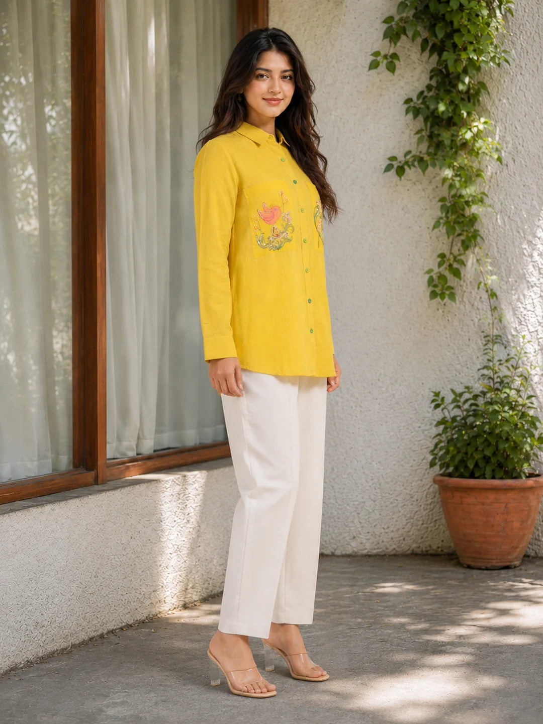 Sunflower Yellow Cotton Flex Shirt with Embroidered