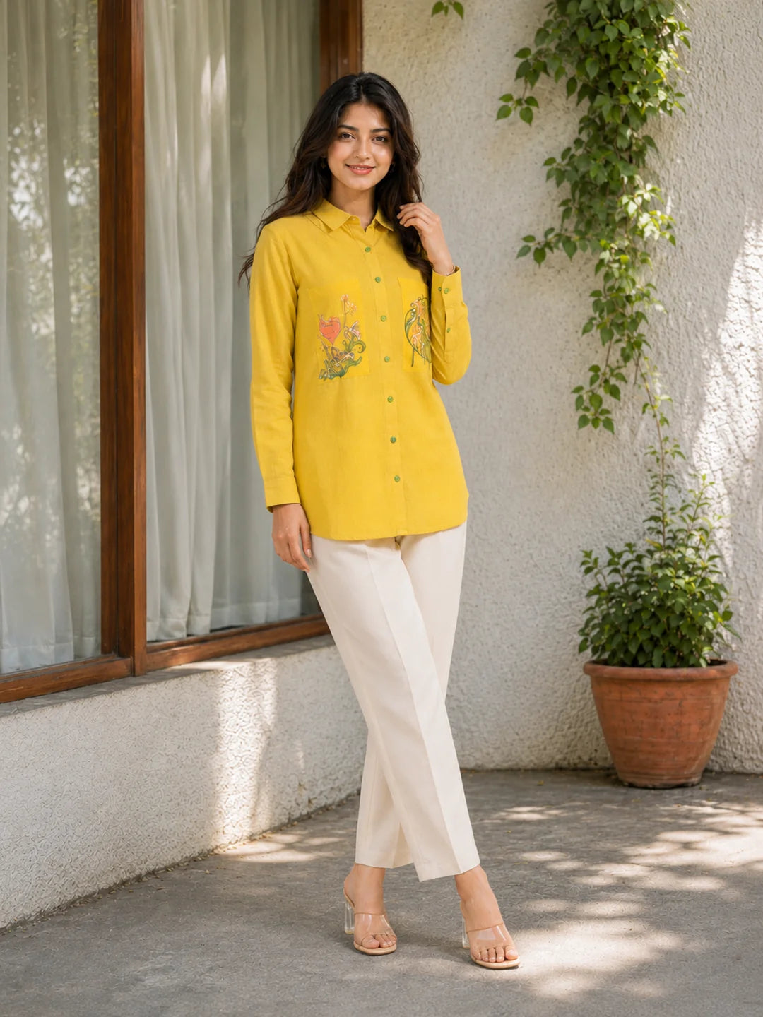 Sunflower Yellow Cotton Flex Shirt with Embroidered