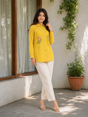 Sunflower Yellow Cotton Flex Shirt with Embroidered