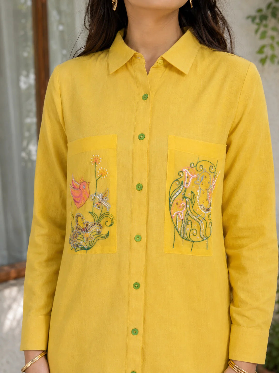 Sunflower Yellow Cotton Flex Shirt with Embroidered