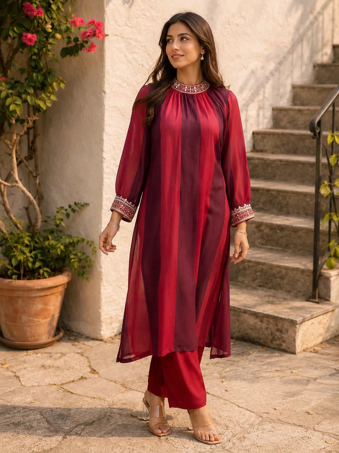 Red Sequence Work Muslin Kurta With Pant Set
