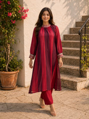 Red Sequence Work Muslin Kurta With Pant Set