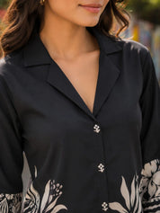 Black Floral Bird Print Russian Silk Tunic