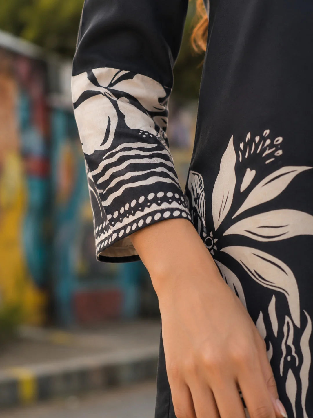 Black Floral Bird Print Russian Silk Tunic