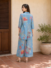 Blue Multi Color Bold Floral Printed Muslin Co Ord Set