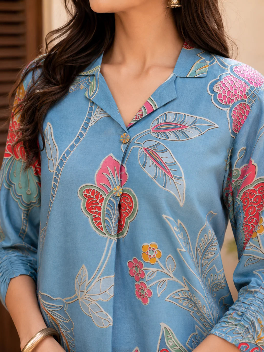 Blue Multi Color Bold Floral Printed Muslin Co Ord Set