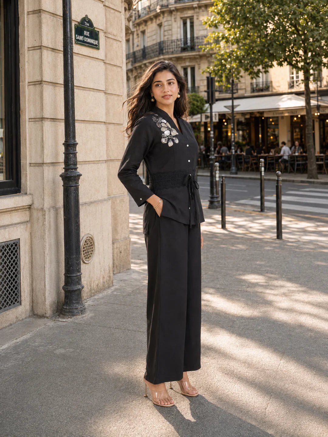 Black Beaded Flower Motif Tie Sequence Cotton Flex Co-ord Set