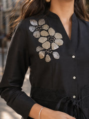 Black Beaded Flower Motif Tie Sequence Cotton Flex Co-ord Set