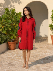 Red Cotton Flex Embroidered Mini Shirt Dress