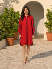 Red Cotton Flex Embroidered Mini Shirt Dress