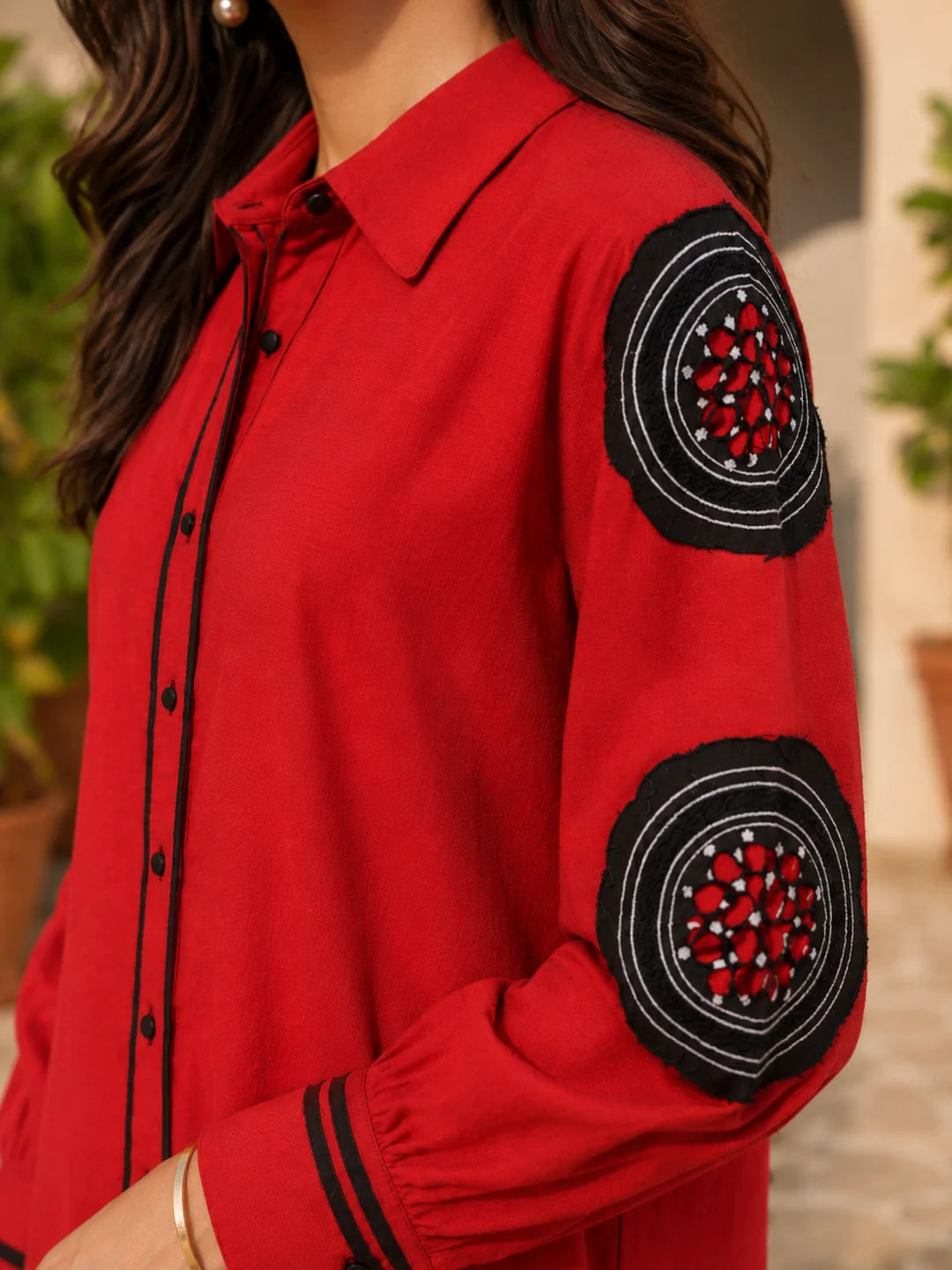 Red Cotton Flex Embroidered Mini Shirt Dress