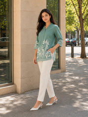 Sage Green Russian Silk Floral Printed Top