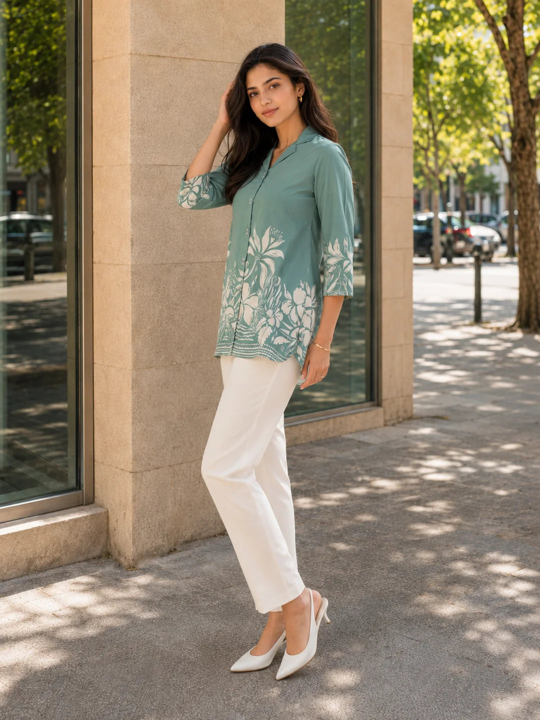 Sage Green Russian Silk Floral Printed Top