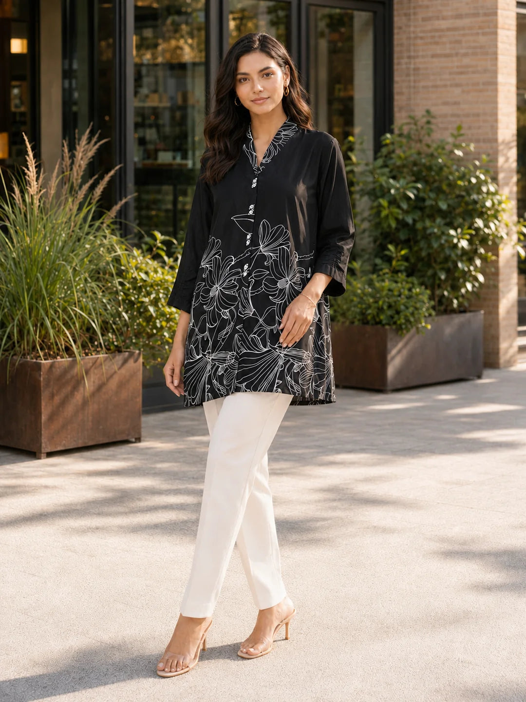 Black Cat Floral Printed Russian Silk Tunic