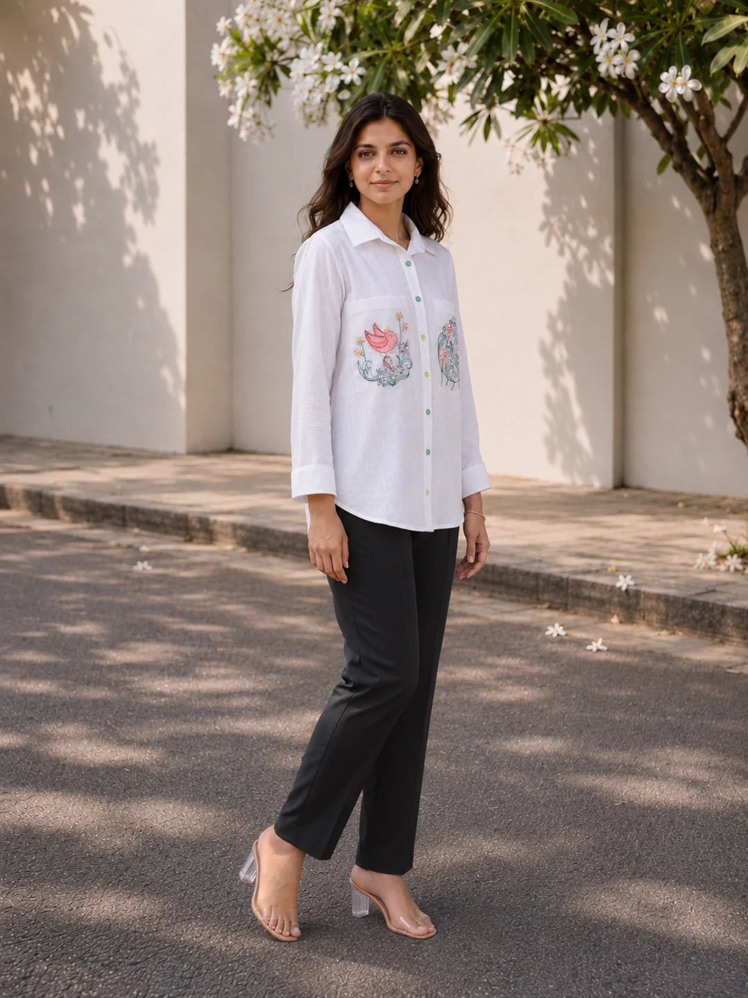 White Cotton Flex Shirt with Embroidered